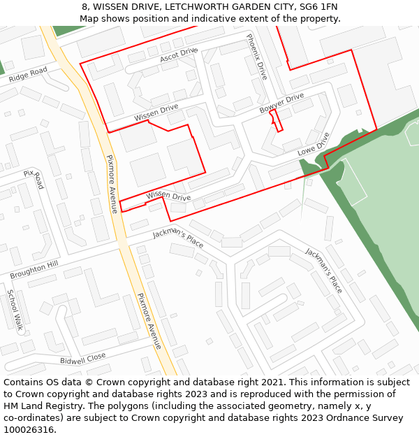 8, WISSEN DRIVE, LETCHWORTH GARDEN CITY, SG6 1FN: Location map and indicative extent of plot