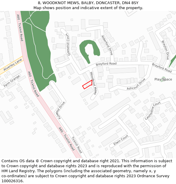 8, WOODKNOT MEWS, BALBY, DONCASTER, DN4 8SY: Location map and indicative extent of plot