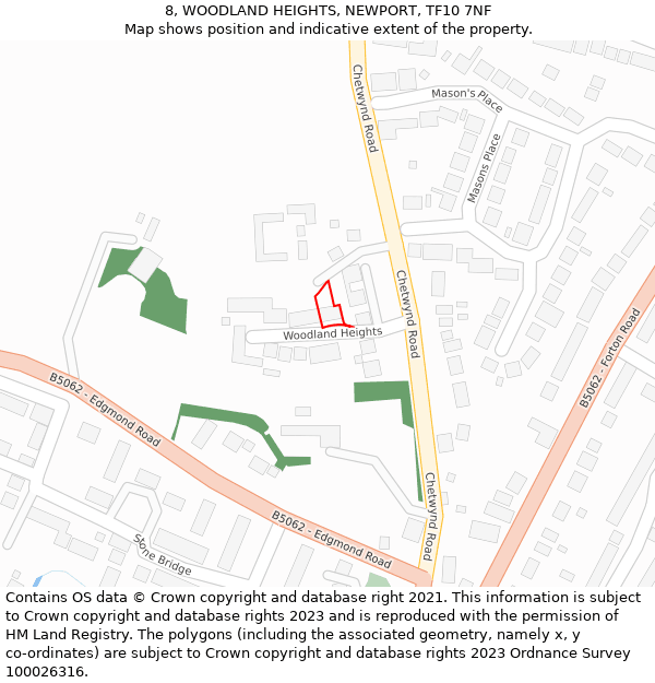 8, WOODLAND HEIGHTS, NEWPORT, TF10 7NF: Location map and indicative extent of plot