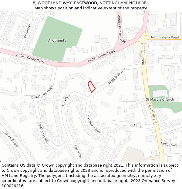 8, WOODLAND WAY, EASTWOOD, NOTTINGHAM, NG16 3BU: Location map and indicative extent of plot