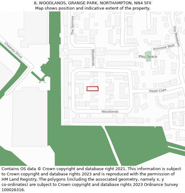 8, WOODLANDS, GRANGE PARK, NORTHAMPTON, NN4 5FX: Location map and indicative extent of plot