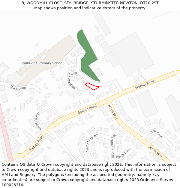 8, WOODMILL CLOSE, STALBRIDGE, STURMINSTER NEWTON, DT10 2ST: Location map and indicative extent of plot