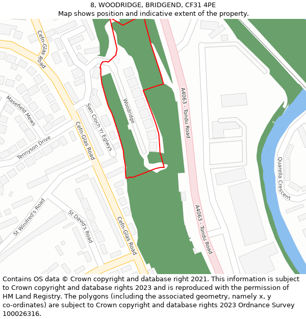 8, WOODRIDGE, BRIDGEND, CF31 4PE: Location map and indicative extent of plot