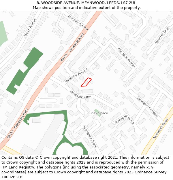 8, WOODSIDE AVENUE, MEANWOOD, LEEDS, LS7 2UL: Location map and indicative extent of plot