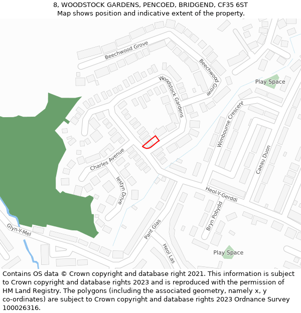 8, WOODSTOCK GARDENS, PENCOED, BRIDGEND, CF35 6ST: Location map and indicative extent of plot