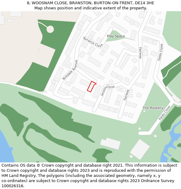 8, WOOSNAM CLOSE, BRANSTON, BURTON-ON-TRENT, DE14 3HE: Location map and indicative extent of plot