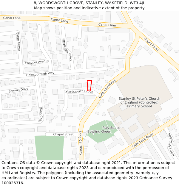 8, WORDSWORTH GROVE, STANLEY, WAKEFIELD, WF3 4JL: Location map and indicative extent of plot