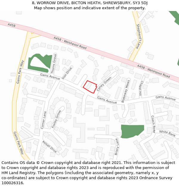 8, WORROW DRIVE, BICTON HEATH, SHREWSBURY, SY3 5DJ: Location map and indicative extent of plot