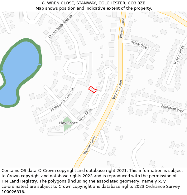 8, WREN CLOSE, STANWAY, COLCHESTER, CO3 8ZB: Location map and indicative extent of plot