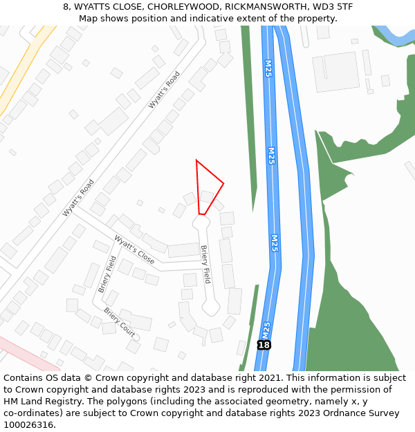 8, WYATTS CLOSE, CHORLEYWOOD, RICKMANSWORTH, WD3 5TF: Location map and indicative extent of plot