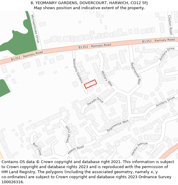8, YEOMANRY GARDENS, DOVERCOURT, HARWICH, CO12 5FJ: Location map and indicative extent of plot