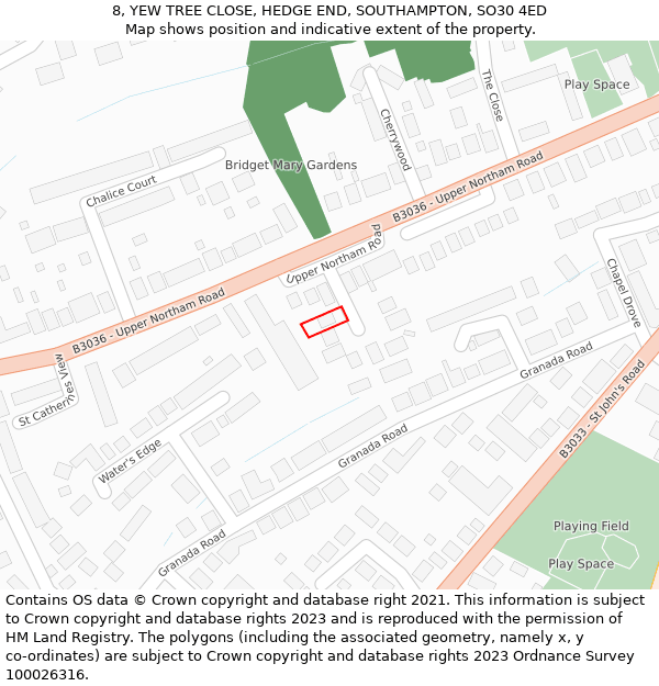 8, YEW TREE CLOSE, HEDGE END, SOUTHAMPTON, SO30 4ED: Location map and indicative extent of plot