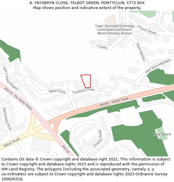 8, YNYSBRYN CLOSE, TALBOT GREEN, PONTYCLUN, CF72 8AX: Location map and indicative extent of plot