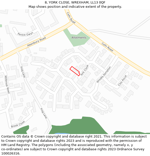 8, YORK CLOSE, WREXHAM, LL13 0QF: Location map and indicative extent of plot
