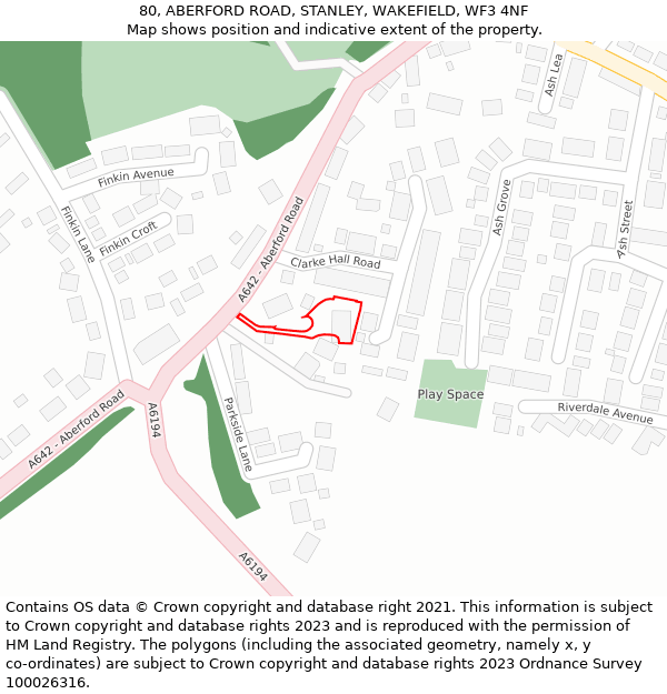 80, ABERFORD ROAD, STANLEY, WAKEFIELD, WF3 4NF: Location map and indicative extent of plot