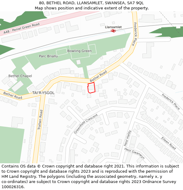 80, BETHEL ROAD, LLANSAMLET, SWANSEA, SA7 9QL: Location map and indicative extent of plot