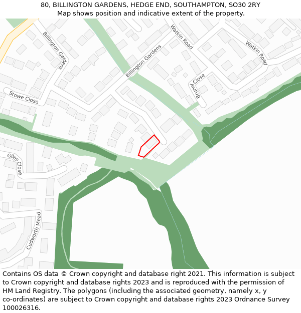 80, BILLINGTON GARDENS, HEDGE END, SOUTHAMPTON, SO30 2RY: Location map and indicative extent of plot