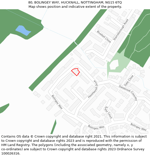 80, BOLINGEY WAY, HUCKNALL, NOTTINGHAM, NG15 6TQ: Location map and indicative extent of plot