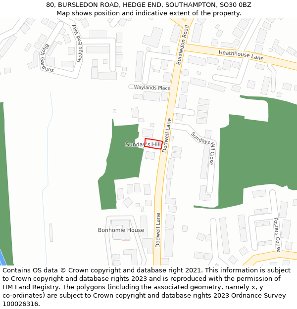 80, BURSLEDON ROAD, HEDGE END, SOUTHAMPTON, SO30 0BZ: Location map and indicative extent of plot