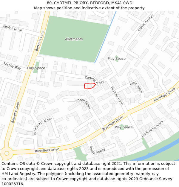 80, CARTMEL PRIORY, BEDFORD, MK41 0WD: Location map and indicative extent of plot