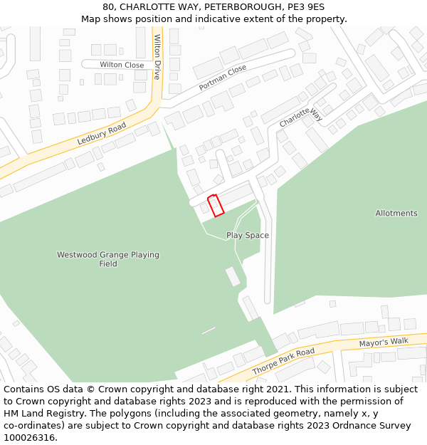 80, CHARLOTTE WAY, PETERBOROUGH, PE3 9ES: Location map and indicative extent of plot