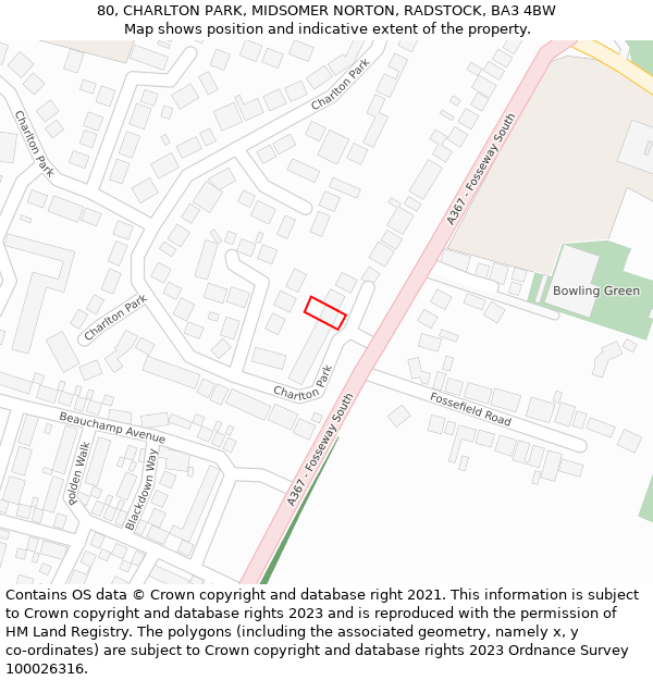 80, CHARLTON PARK, MIDSOMER NORTON, RADSTOCK, BA3 4BW: Location map and indicative extent of plot