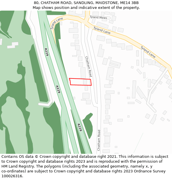 80, CHATHAM ROAD, SANDLING, MAIDSTONE, ME14 3BB: Location map and indicative extent of plot