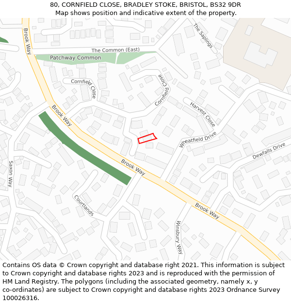 80, CORNFIELD CLOSE, BRADLEY STOKE, BRISTOL, BS32 9DR: Location map and indicative extent of plot