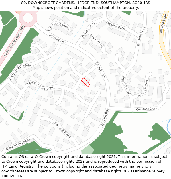 80, DOWNSCROFT GARDENS, HEDGE END, SOUTHAMPTON, SO30 4RS: Location map and indicative extent of plot