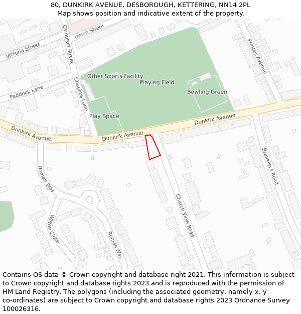 80, DUNKIRK AVENUE, DESBOROUGH, KETTERING, NN14 2PL: Location map and indicative extent of plot