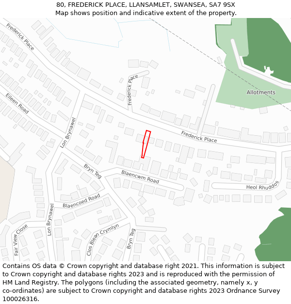 80, FREDERICK PLACE, LLANSAMLET, SWANSEA, SA7 9SX: Location map and indicative extent of plot