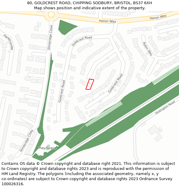 80, GOLDCREST ROAD, CHIPPING SODBURY, BRISTOL, BS37 6XH: Location map and indicative extent of plot