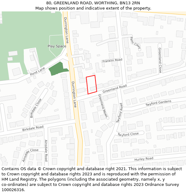 80, GREENLAND ROAD, WORTHING, BN13 2RN: Location map and indicative extent of plot