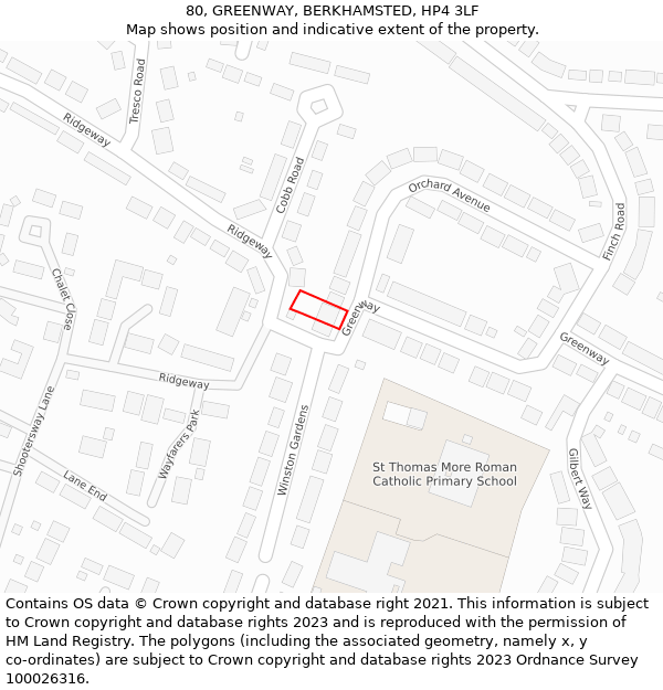 80, GREENWAY, BERKHAMSTED, HP4 3LF: Location map and indicative extent of plot