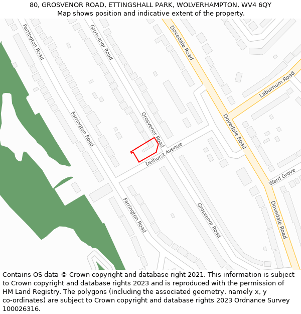 80, GROSVENOR ROAD, ETTINGSHALL PARK, WOLVERHAMPTON, WV4 6QY: Location map and indicative extent of plot