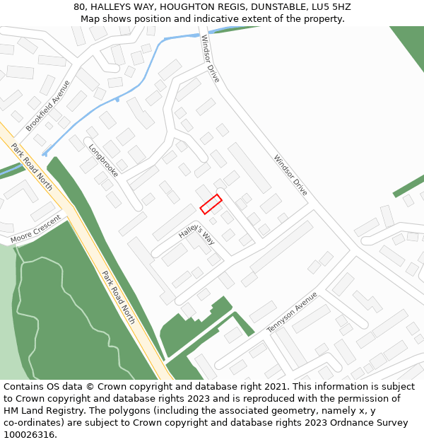 80, HALLEYS WAY, HOUGHTON REGIS, DUNSTABLE, LU5 5HZ: Location map and indicative extent of plot