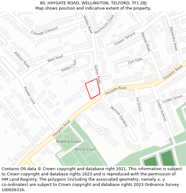 80, HAYGATE ROAD, WELLINGTON, TELFORD, TF1 2BJ: Location map and indicative extent of plot