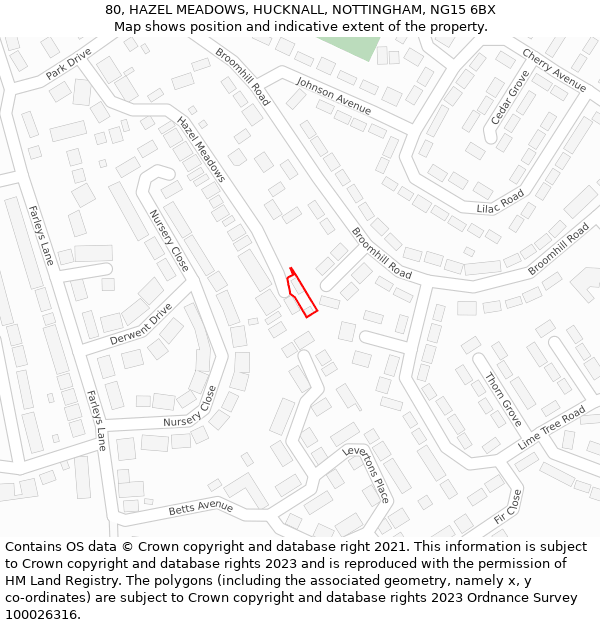 80, HAZEL MEADOWS, HUCKNALL, NOTTINGHAM, NG15 6BX: Location map and indicative extent of plot