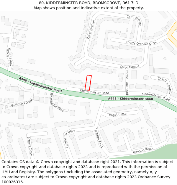 80, KIDDERMINSTER ROAD, BROMSGROVE, B61 7LD: Location map and indicative extent of plot