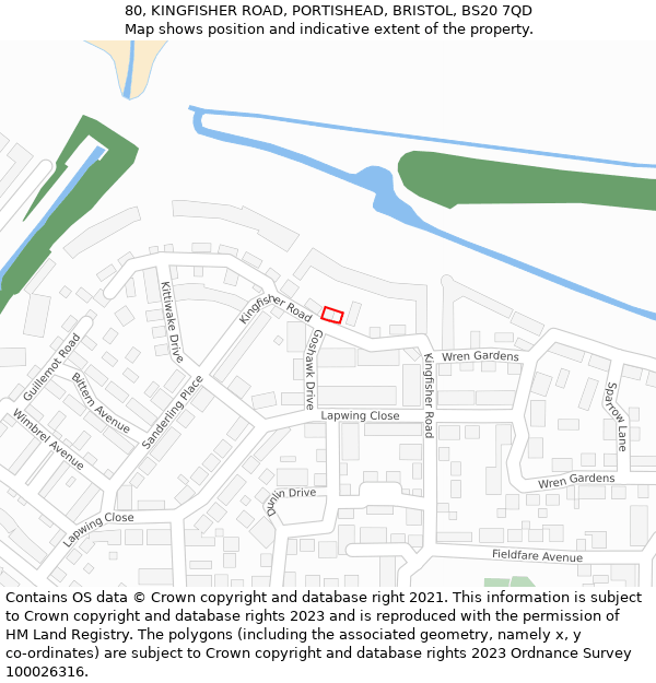 80, KINGFISHER ROAD, PORTISHEAD, BRISTOL, BS20 7QD: Location map and indicative extent of plot