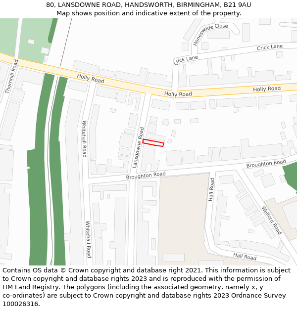 80, LANSDOWNE ROAD, HANDSWORTH, BIRMINGHAM, B21 9AU: Location map and indicative extent of plot