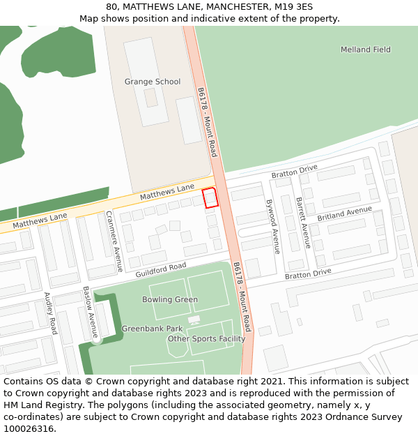 80, MATTHEWS LANE, MANCHESTER, M19 3ES: Location map and indicative extent of plot