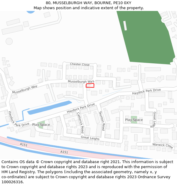 80, MUSSELBURGH WAY, BOURNE, PE10 0XY: Location map and indicative extent of plot