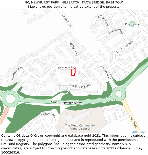 80, NEWHURST PARK, HILPERTON, TROWBRIDGE, BA14 7QW: Location map and indicative extent of plot