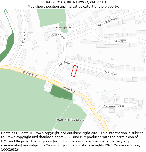 80, PARK ROAD, BRENTWOOD, CM14 4TU: Location map and indicative extent of plot