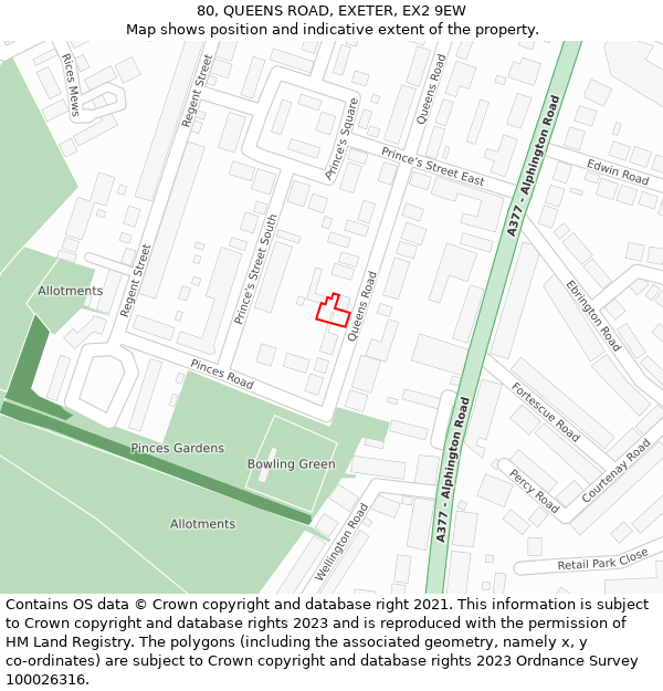 80, QUEENS ROAD, EXETER, EX2 9EW: Location map and indicative extent of plot
