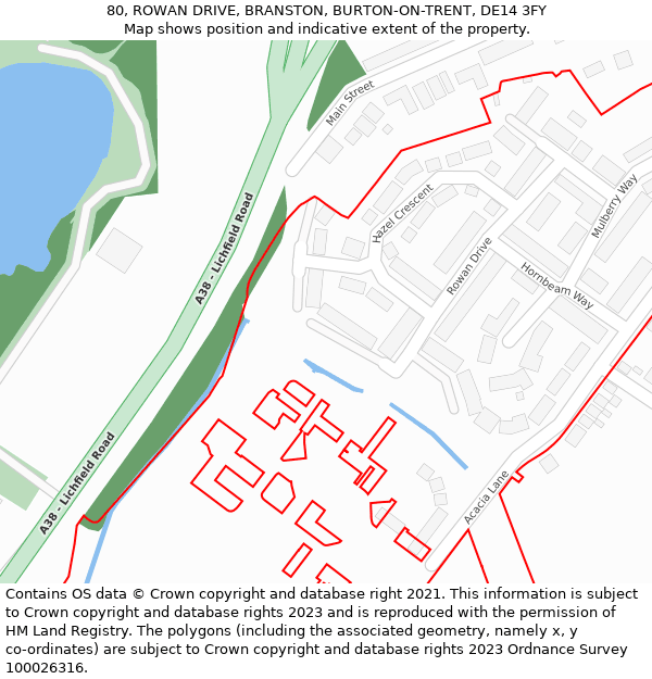 80, ROWAN DRIVE, BRANSTON, BURTON-ON-TRENT, DE14 3FY: Location map and indicative extent of plot