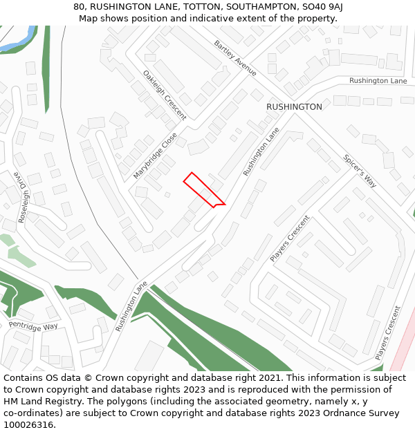 80, RUSHINGTON LANE, TOTTON, SOUTHAMPTON, SO40 9AJ: Location map and indicative extent of plot