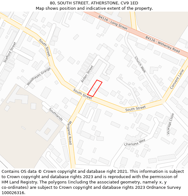 80, SOUTH STREET, ATHERSTONE, CV9 1ED: Location map and indicative extent of plot