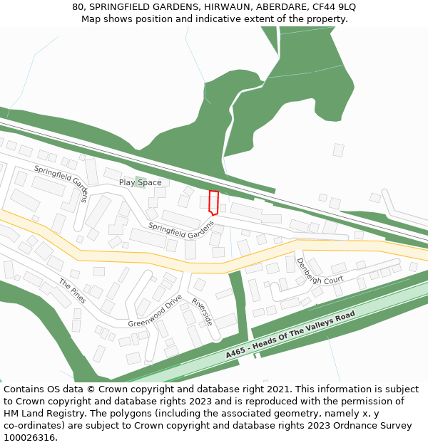 80, SPRINGFIELD GARDENS, HIRWAUN, ABERDARE, CF44 9LQ: Location map and indicative extent of plot